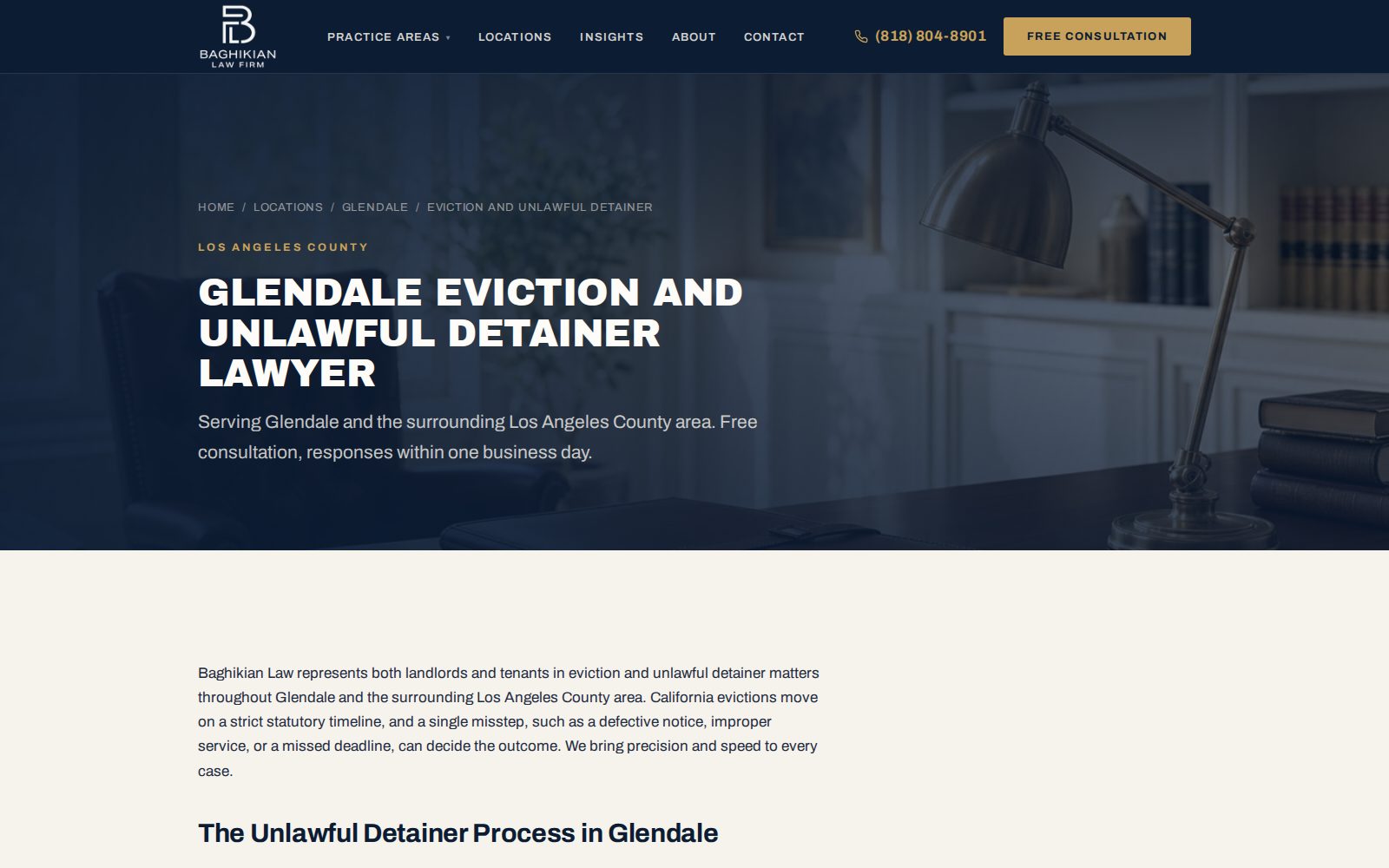 Baghikian Law Glendale eviction lawyer page, one of 156 city practice pages