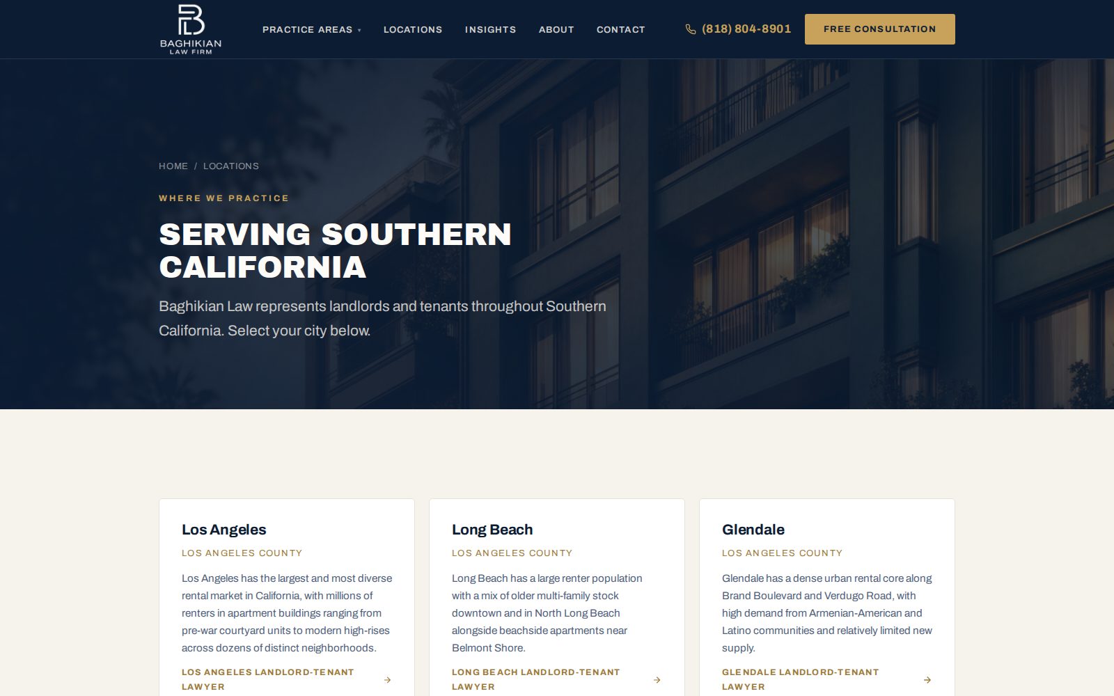 Baghikian Law locations hub listing Los Angeles, Long Beach and Glendale