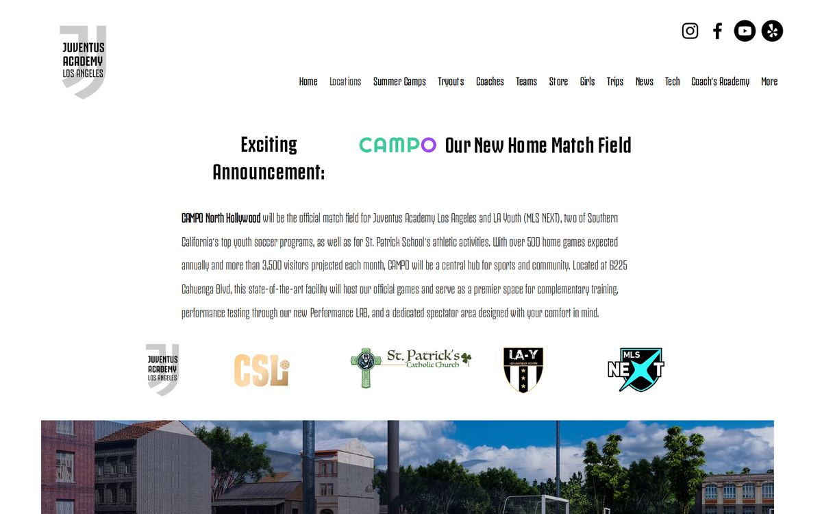 Juventus Academy Los Angeles CAMPO page announcing CAMPO North Hollywood as the new official match field, with partner crests and facility photography.