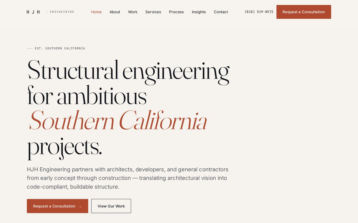 HJH Engineering homepage with a serif headline reading Structural engineering for ambitious Southern California projects.