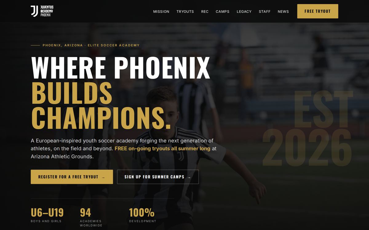 Juventus Academy Phoenix homepage in black, white and gold with the headline Where Phoenix Builds Champions and tryout registration buttons.