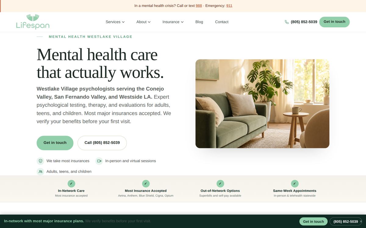 Lifespan CFPS homepage: headline Mental health care that actually works, with clinic imagery and insurance verification prompts.