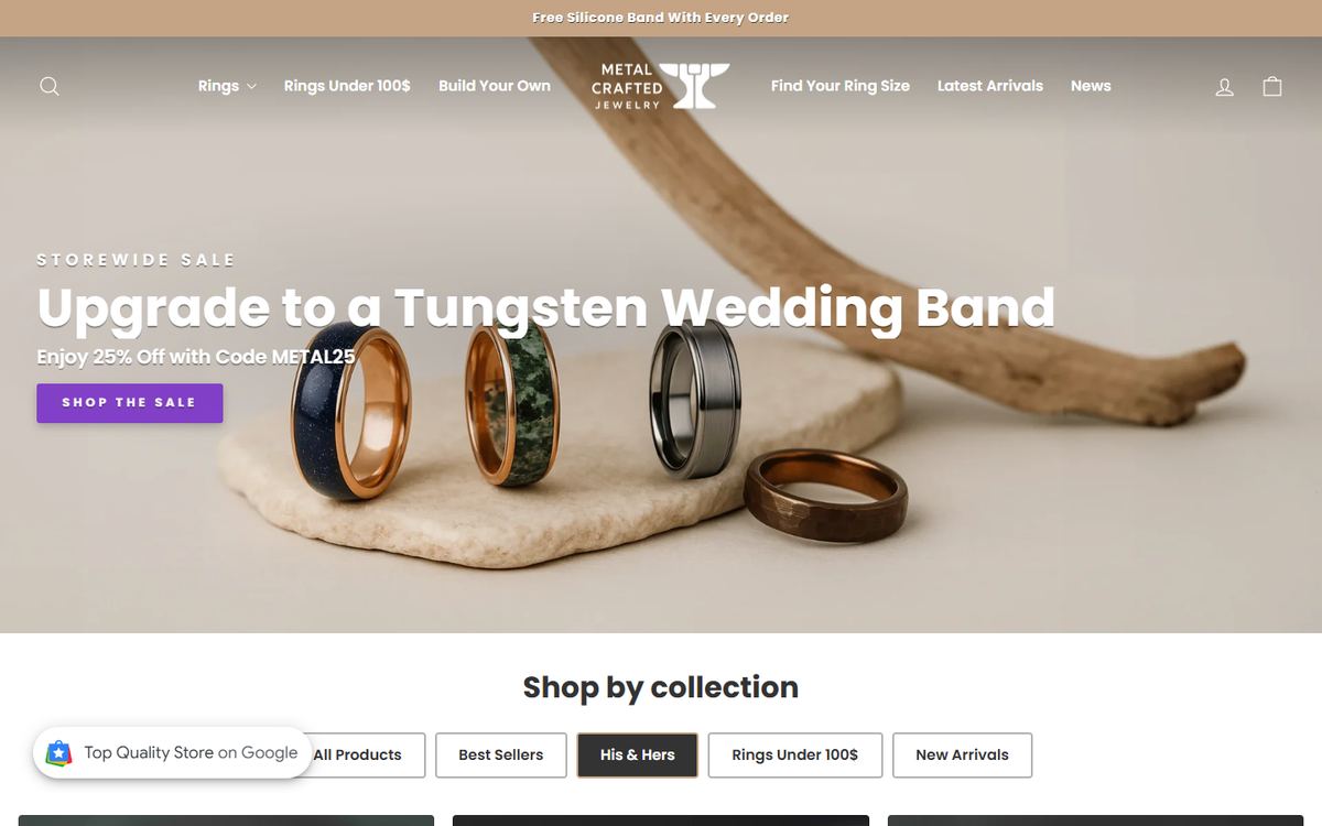 Metal Crafted Jewelry homepage showing tungsten wedding bands on stone with the headline Upgrade to a Tungsten Wedding Band.
