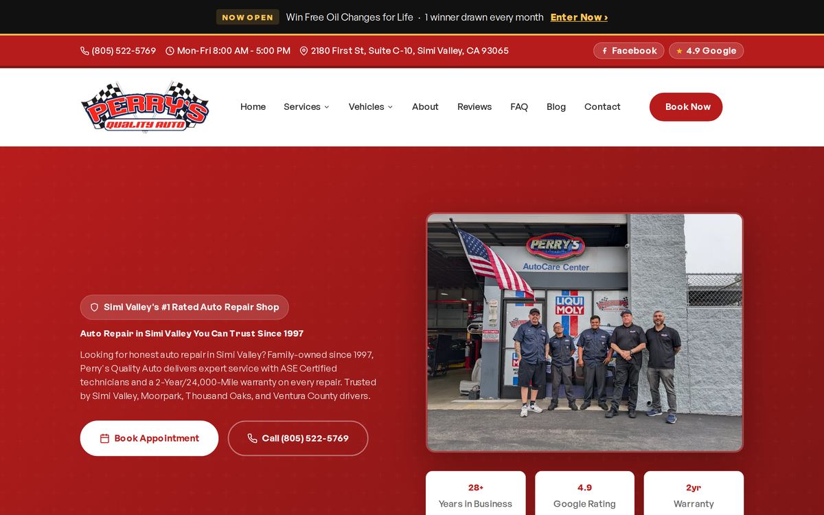 Perry's Quality Auto Repair homepage in red and white with a team photo outside the Simi Valley shop and Book Appointment call to action.